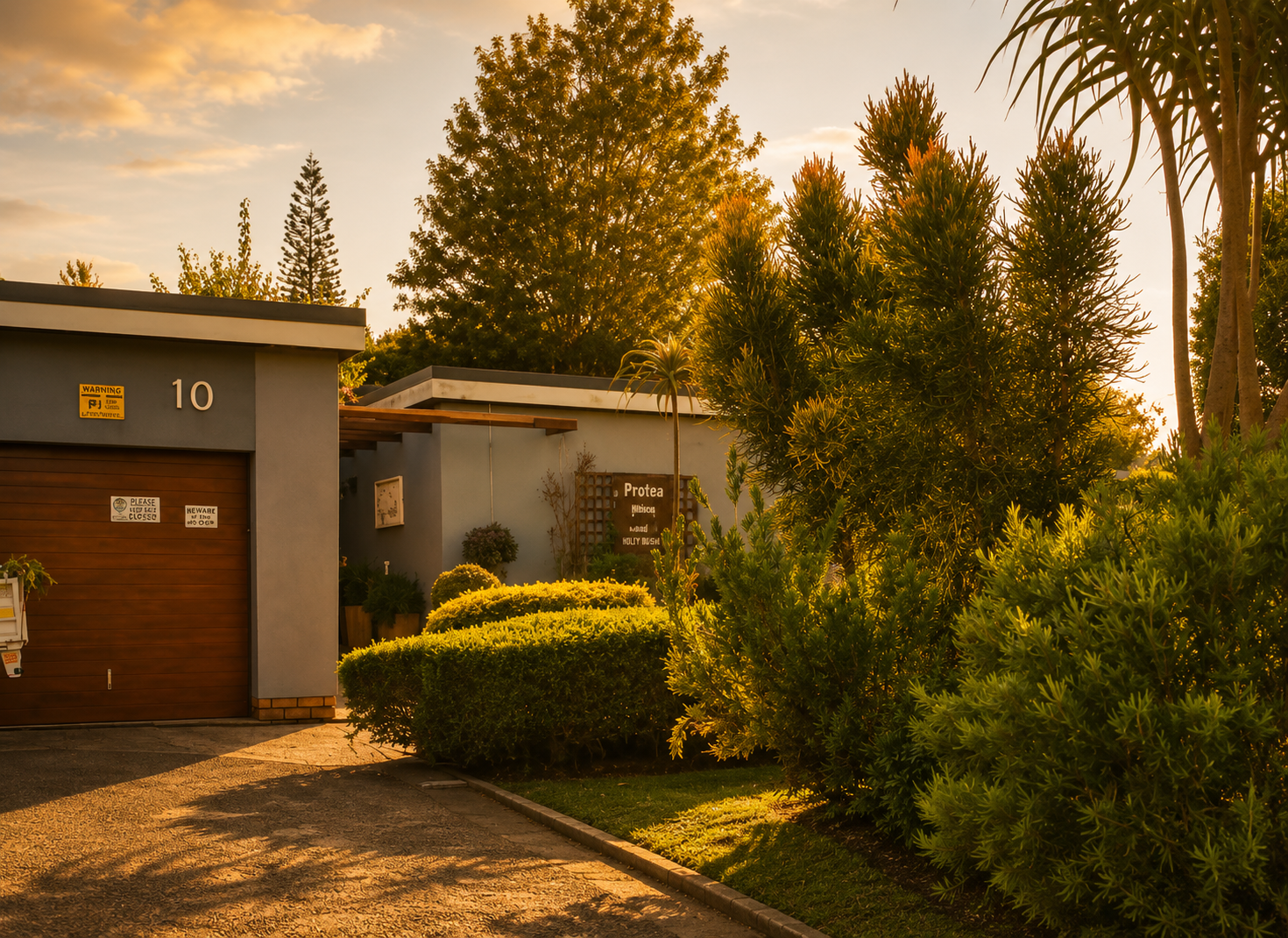 Protea Guesthouse entrance and off-street parking area at sunset in Durbanville